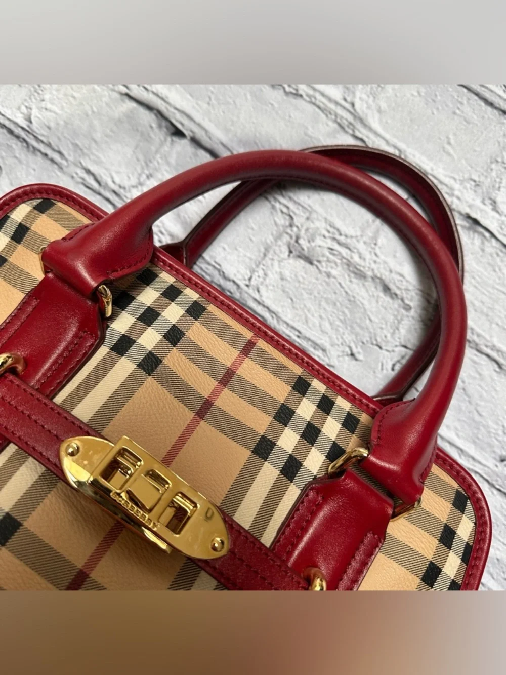 Burberry Brown Haymarket Check Patent Leather Portrait Minford Tote Bag - Picture 10 of 16